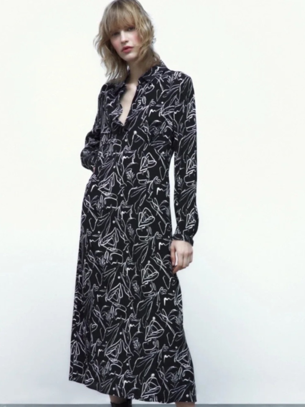 Zara Abstract Print Long-Sleeve Carlota Maxi Shirt Dress